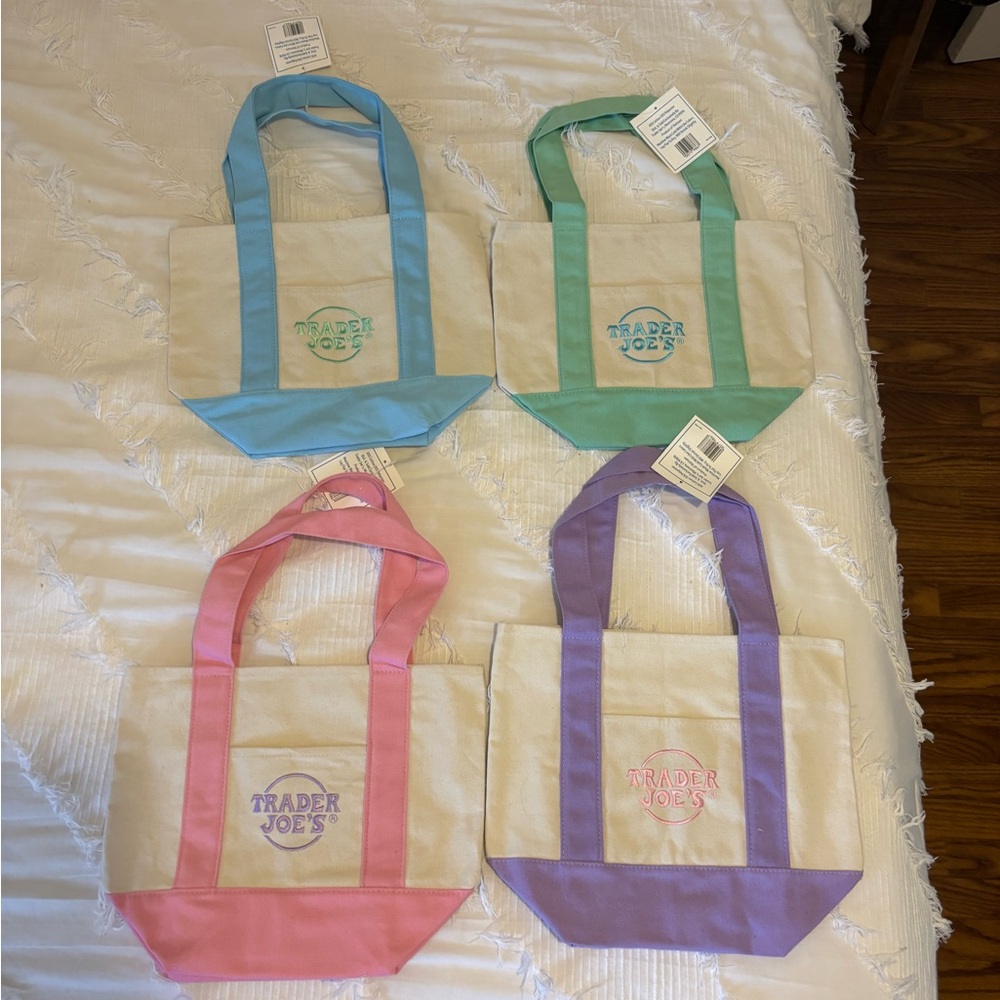 Lot of 4 Trader Joe’s canvas bags Canvas Tote Bag Set - Mint, Pink, Purple, Blue